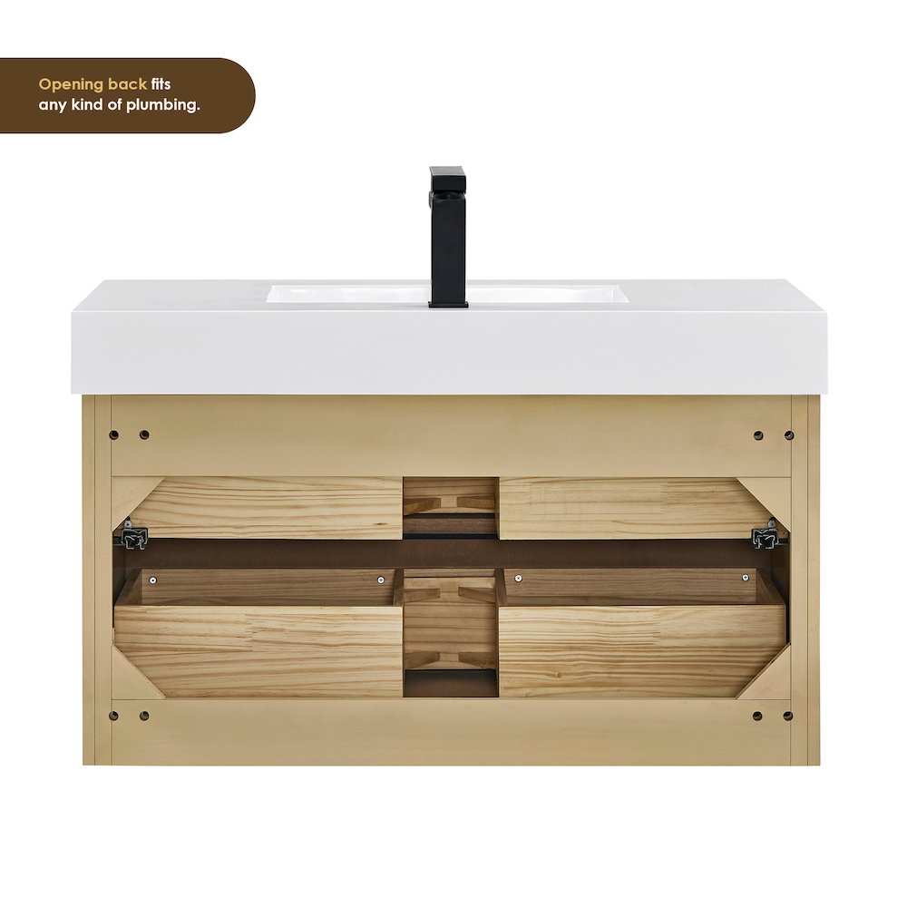 Single Bathroom Vanity in Nature Brown White Artificial Drop-in Sink. Picture 11