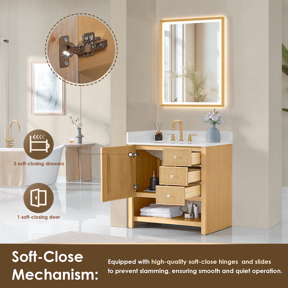 36" Single Bathroom Vanity in White Oak with Engineered Stone Countertop. Picture 4