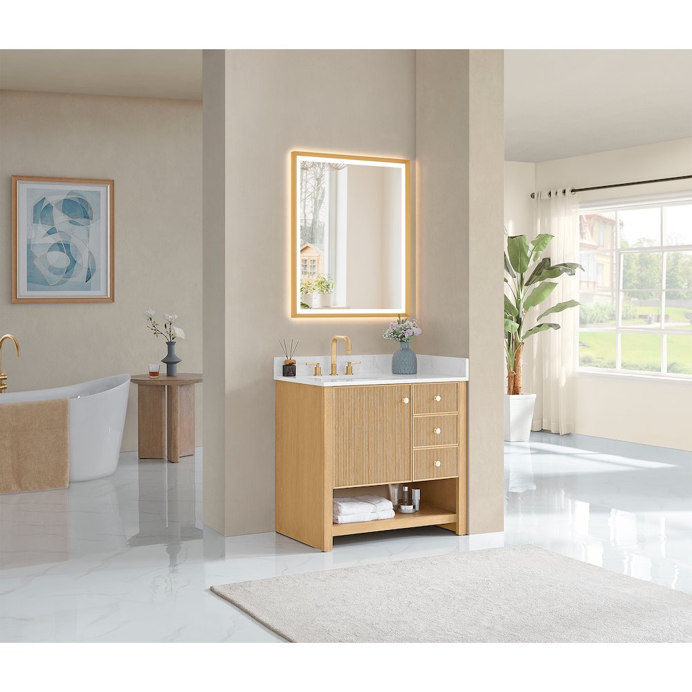 36" Single Bathroom Vanity in White Oak with Engineered Stone Countertop. Picture 8
