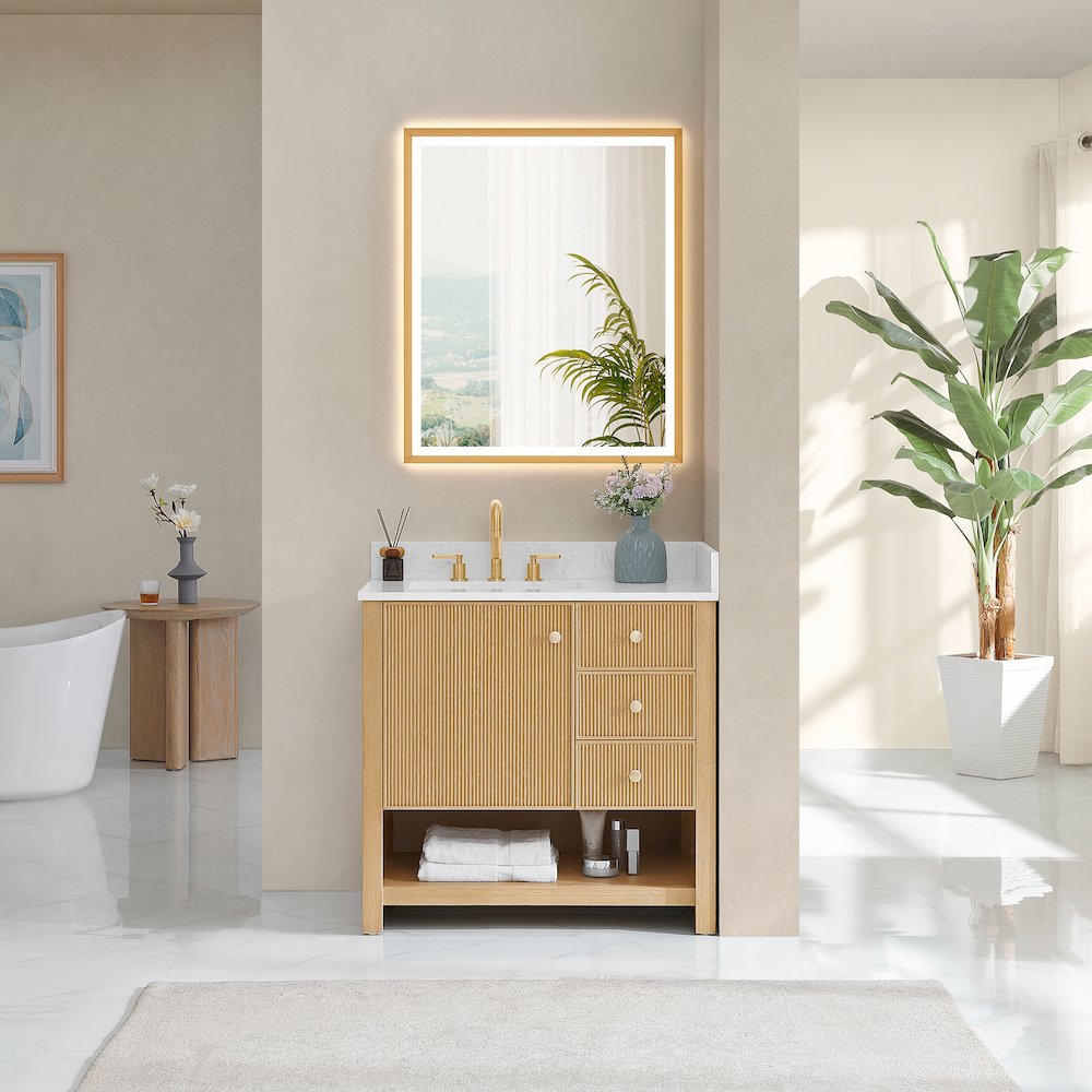 36" Single Bathroom Vanity in White Oak with Engineered Stone Countertop. Picture 9