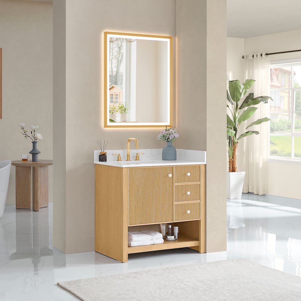 36" Single Bathroom Vanity in White Oak with Engineered Stone Countertop. Picture 10