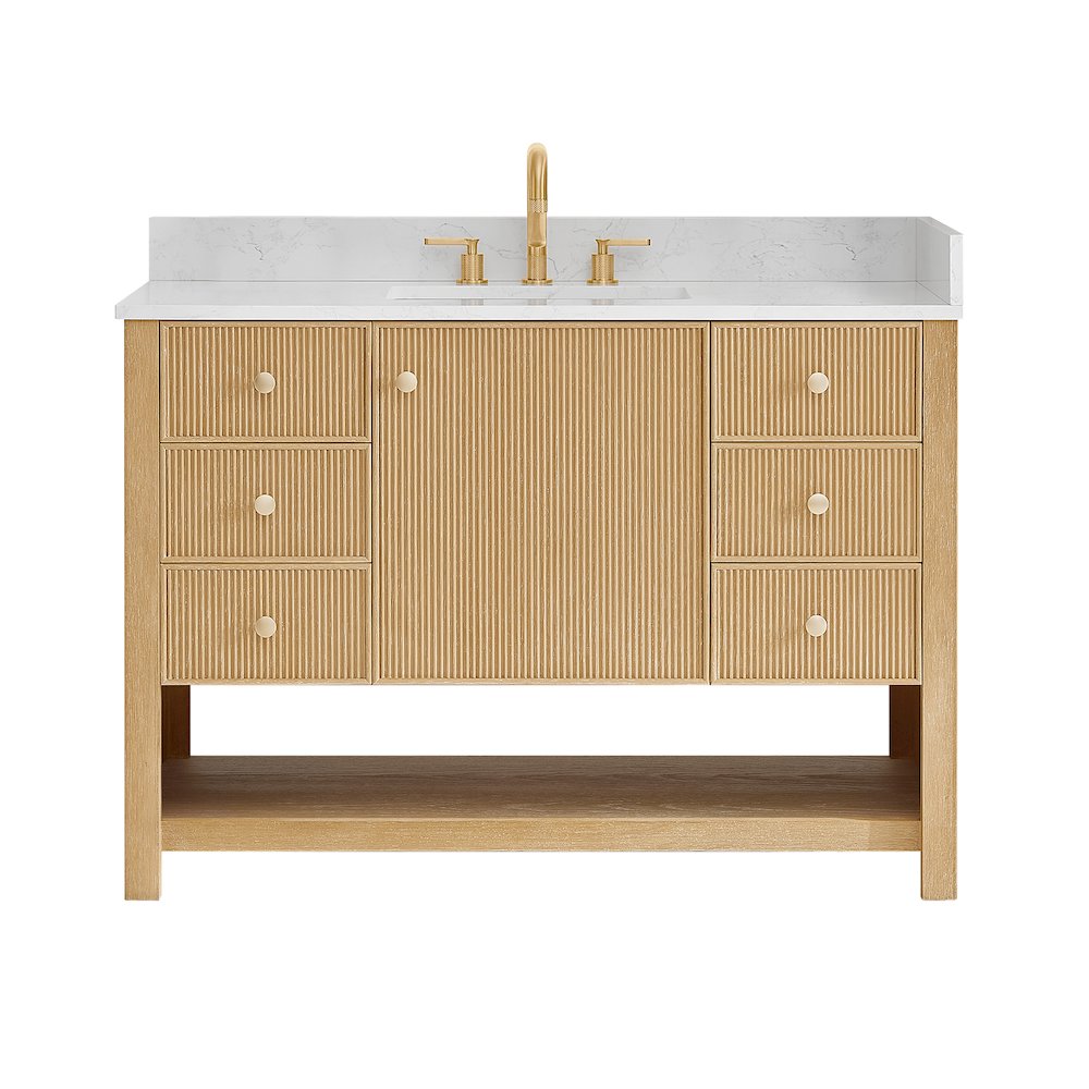 48" Single Bathroom Vanity in White Oak with Engineered Stone Countertop. Picture 1