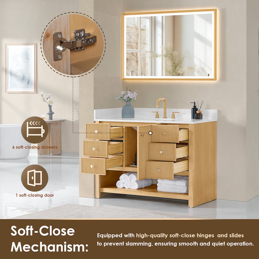 48" Single Bathroom Vanity in White Oak with Engineered Stone Countertop. Picture 4