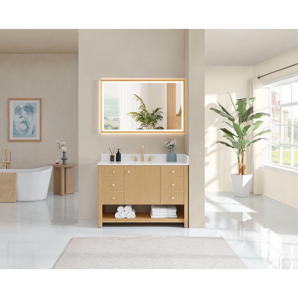 48" Single Bathroom Vanity in White Oak with Engineered Stone Countertop. Picture 7