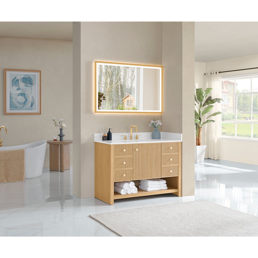 48" Single Bathroom Vanity in White Oak with Engineered Stone Countertop. Picture 9