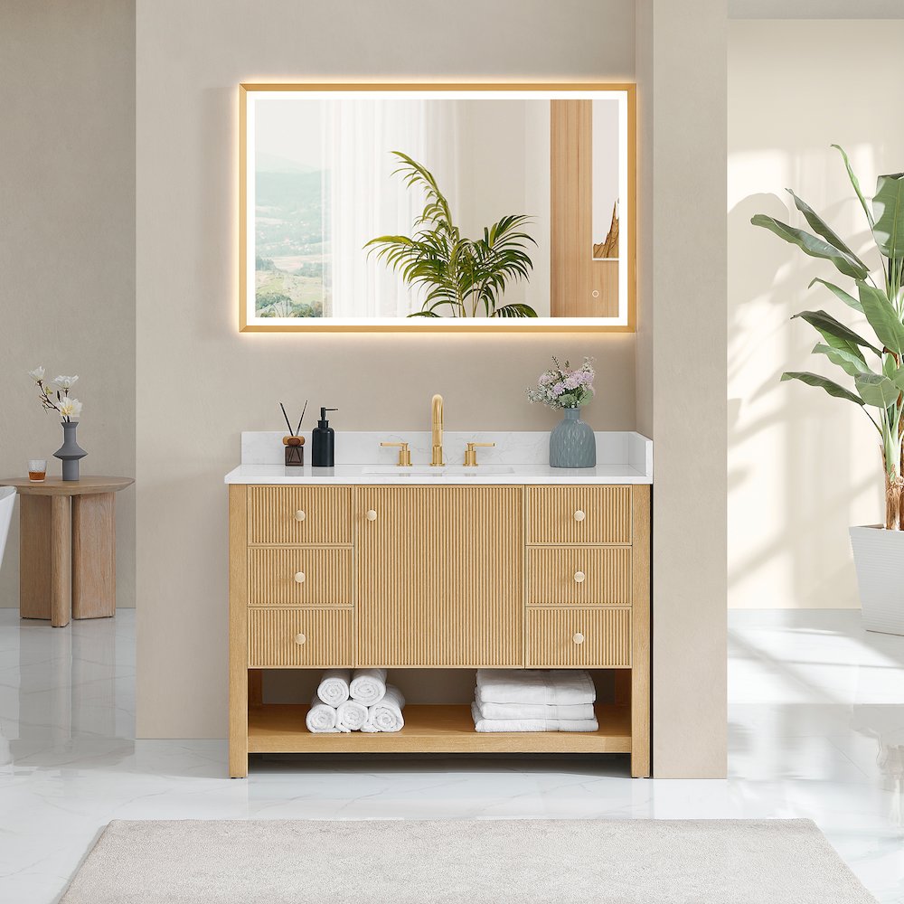 48" Single Bathroom Vanity in White Oak with Engineered Stone Countertop. Picture 8