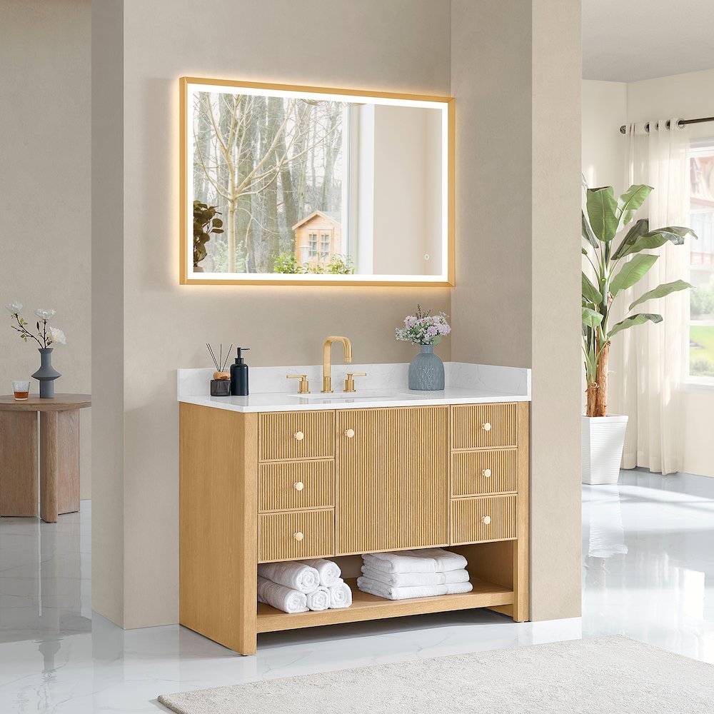 48" Single Bathroom Vanity in White Oak with Engineered Stone Countertop. Picture 10