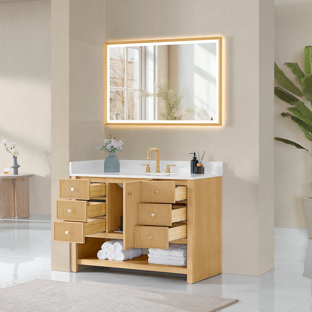 48" Single Bathroom Vanity in White Oak with Engineered Stone Countertop. Picture 11
