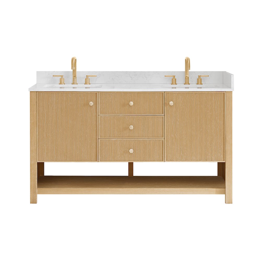 60" Double Bathroom Vanity in White Oak with Engineered Stone Countertop. Picture 1