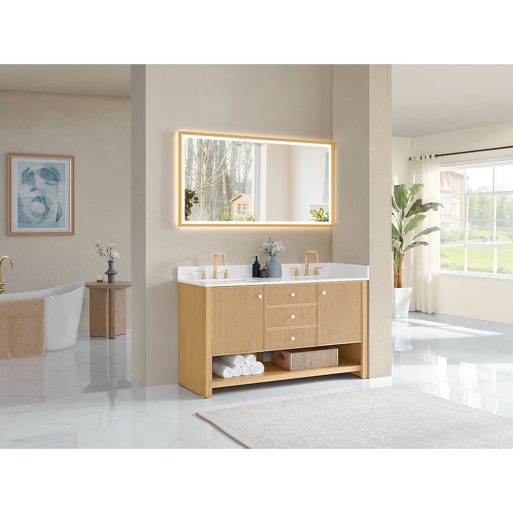 60" Double Bathroom Vanity in White Oak with Engineered Stone Countertop. Picture 8