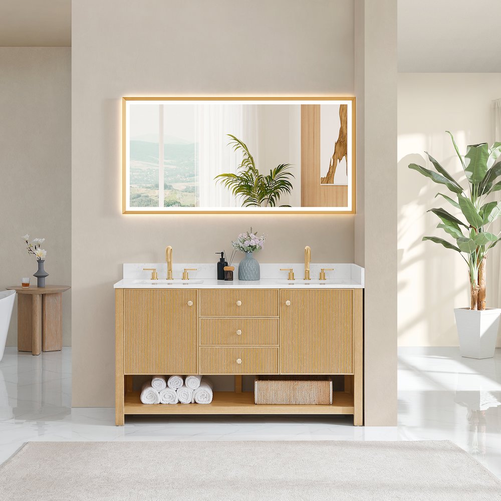 60" Double Bathroom Vanity in White Oak with Engineered Stone Countertop. Picture 9