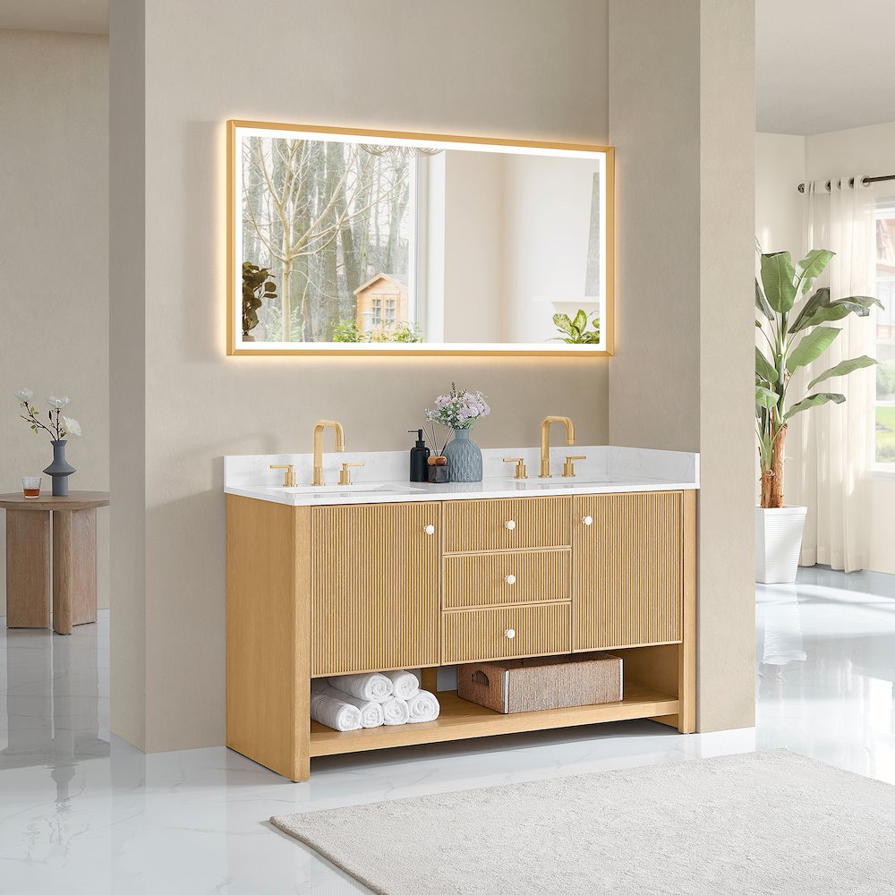 60" Double Bathroom Vanity in White Oak with Engineered Stone Countertop. Picture 10