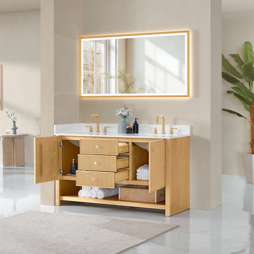 60" Double Bathroom Vanity in White Oak with Engineered Stone Countertop. Picture 11