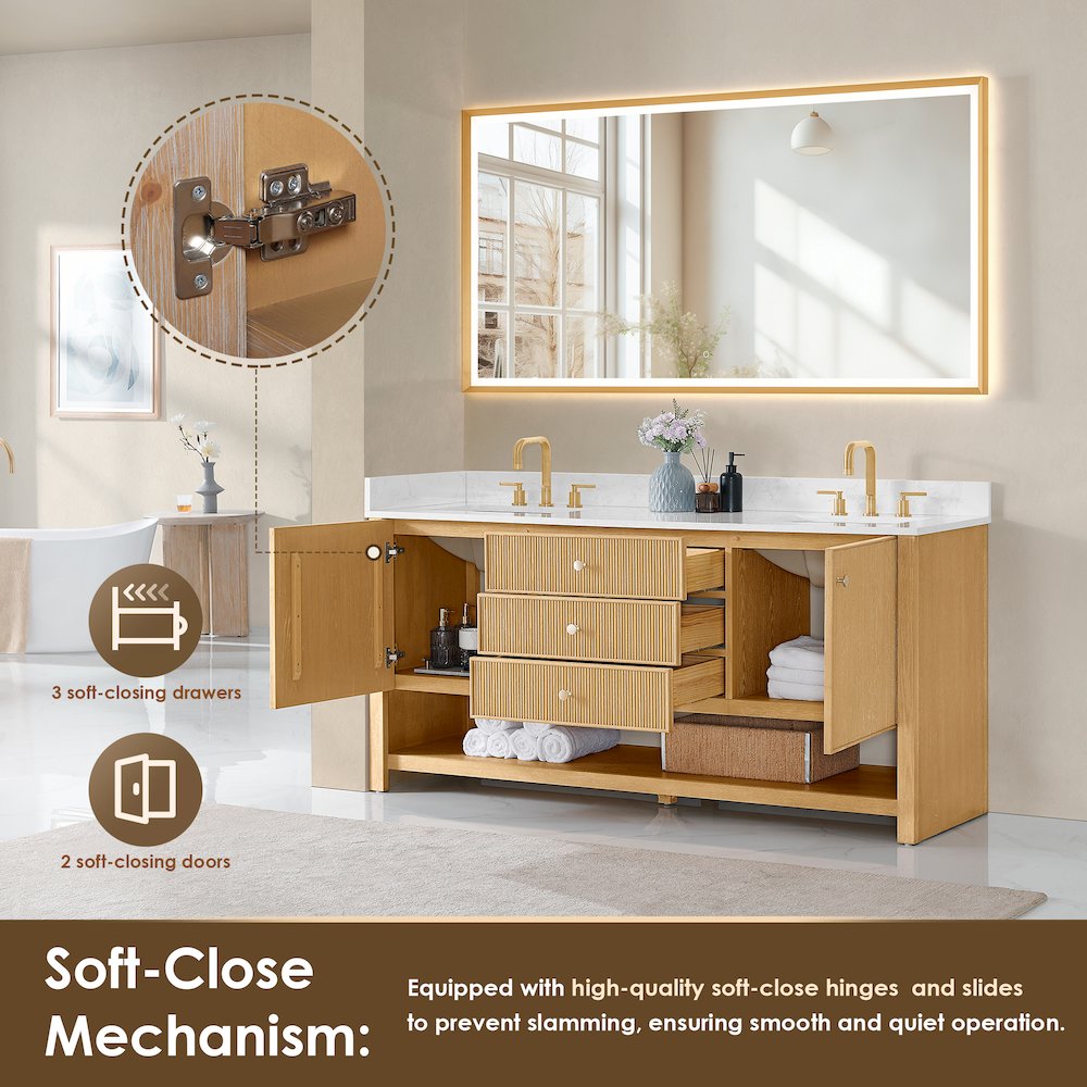 72" Double Bathroom Vanity in White Oak with Engineered Stone Countertop. Picture 4
