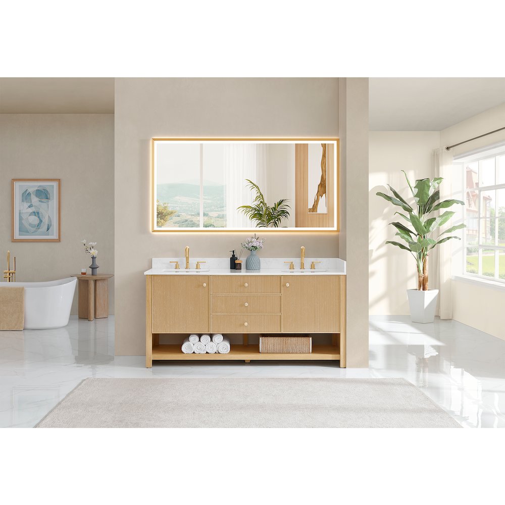 72" Double Bathroom Vanity in White Oak with Engineered Stone Countertop. Picture 7