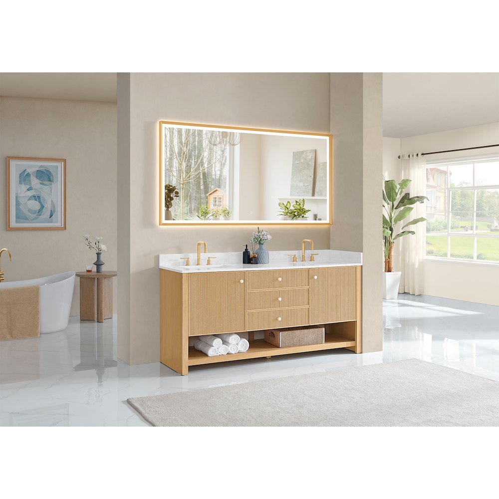72" Double Bathroom Vanity in White Oak with Engineered Stone Countertop. Picture 8