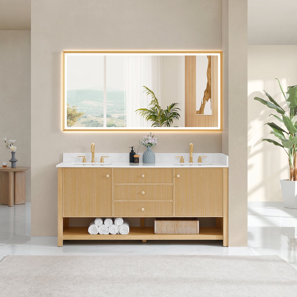 72" Double Bathroom Vanity in White Oak with Engineered Stone Countertop. Picture 9