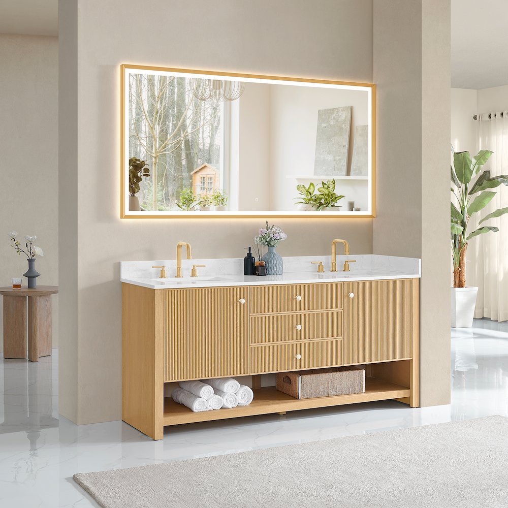 72" Double Bathroom Vanity in White Oak with Engineered Stone Countertop. Picture 11