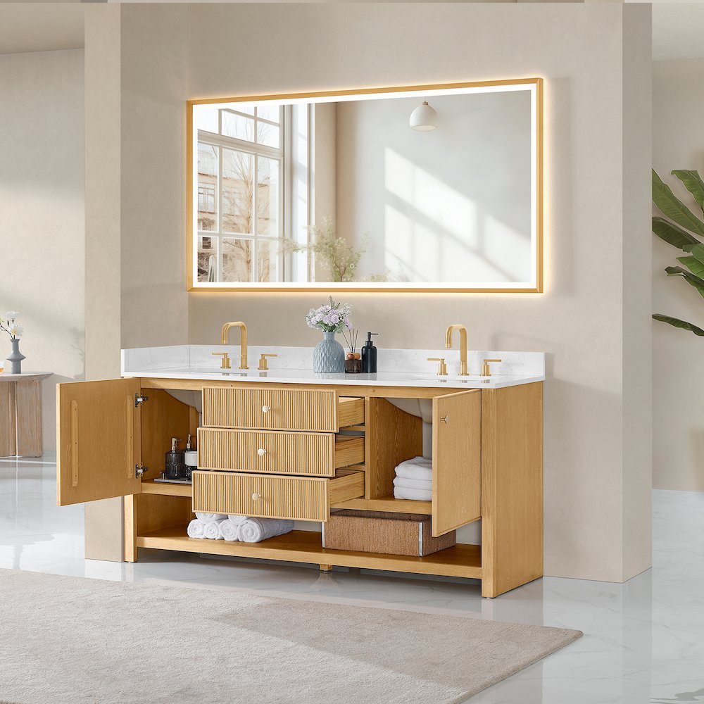 72" Double Bathroom Vanity in White Oak with Engineered Stone Countertop. Picture 10