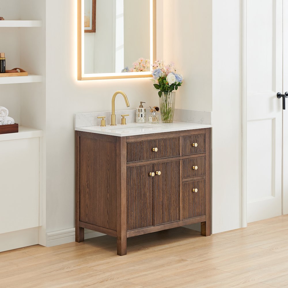 Single Bathroom Vanity in Brown Oak Grain White Engineered Stone Countertop. Picture 3