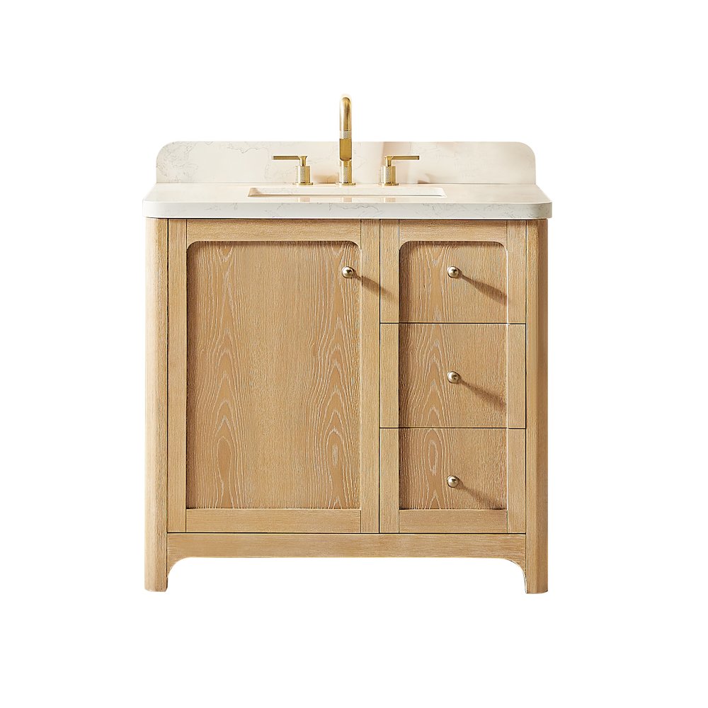 36"Single Bathroom Vanity in Brushed Oak,Grain White Engineered Stone Countertop. Picture 1