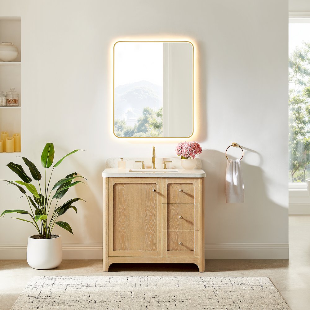 36"Single Bathroom Vanity in Brushed Oak,Grain White Engineered Stone Countertop. Picture 10