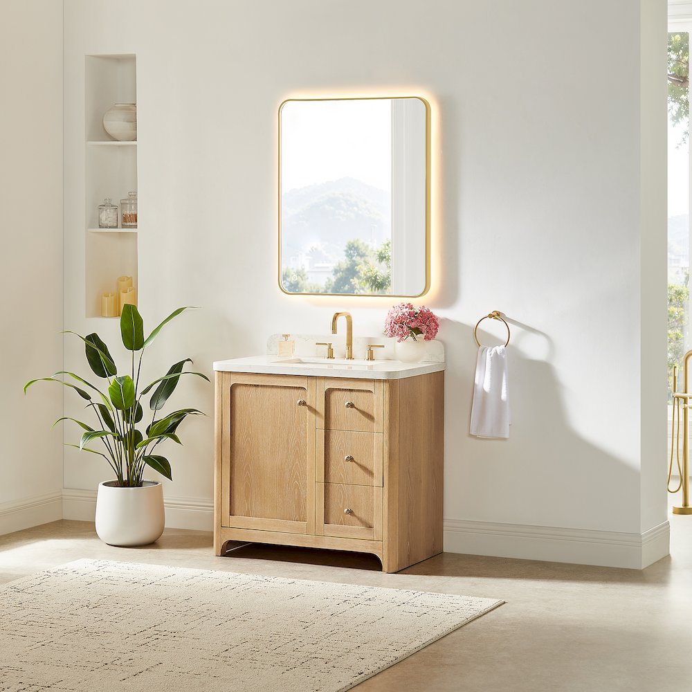36"Single Bathroom Vanity in Brushed Oak,Grain White Engineered Stone Countertop. Picture 11