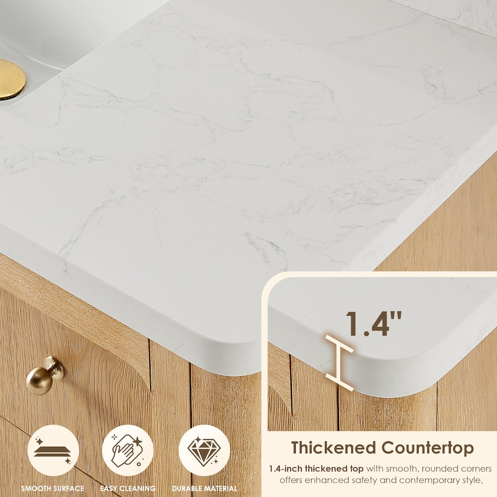 48"Single Bathroom Vanity in Brushed Oak,Grain White Engineered Stone Countertop. Picture 2