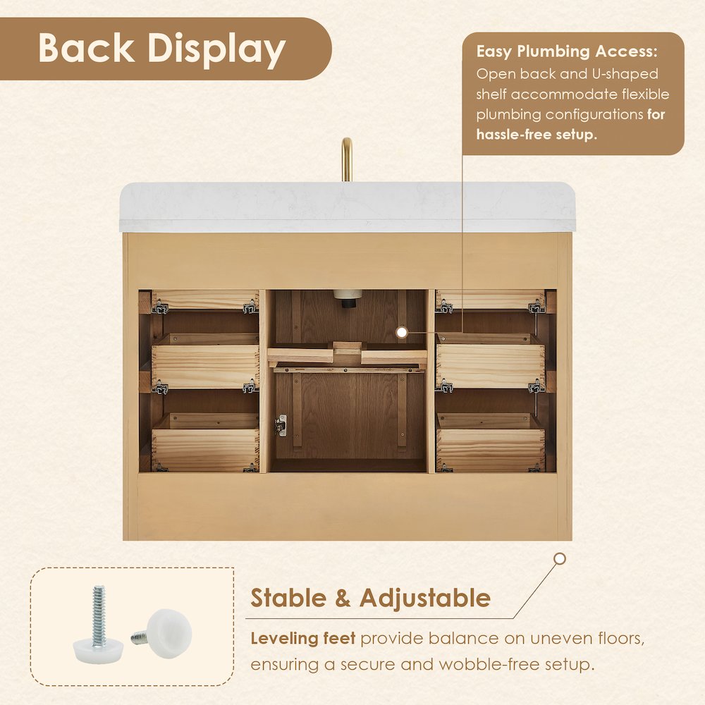 48"Single Bathroom Vanity in Brushed Oak,Grain White Engineered Stone Countertop. Picture 6