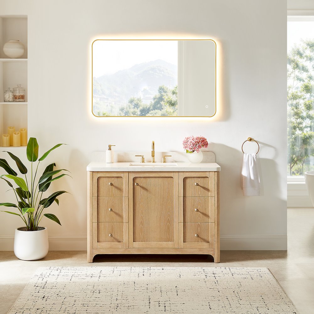 48"Single Bathroom Vanity in Brushed Oak,Grain White Engineered Stone Countertop. Picture 10