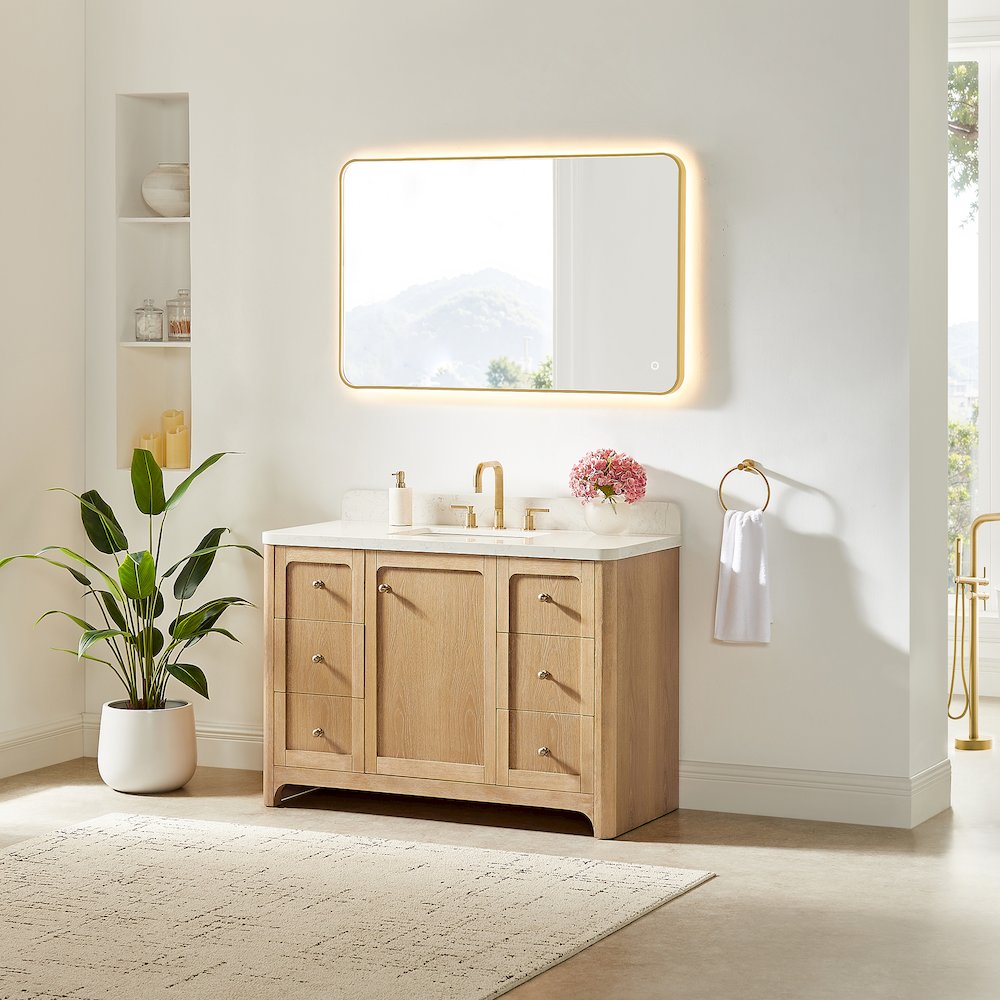 48"Single Bathroom Vanity in Brushed Oak,Grain White Engineered Stone Countertop. Picture 11