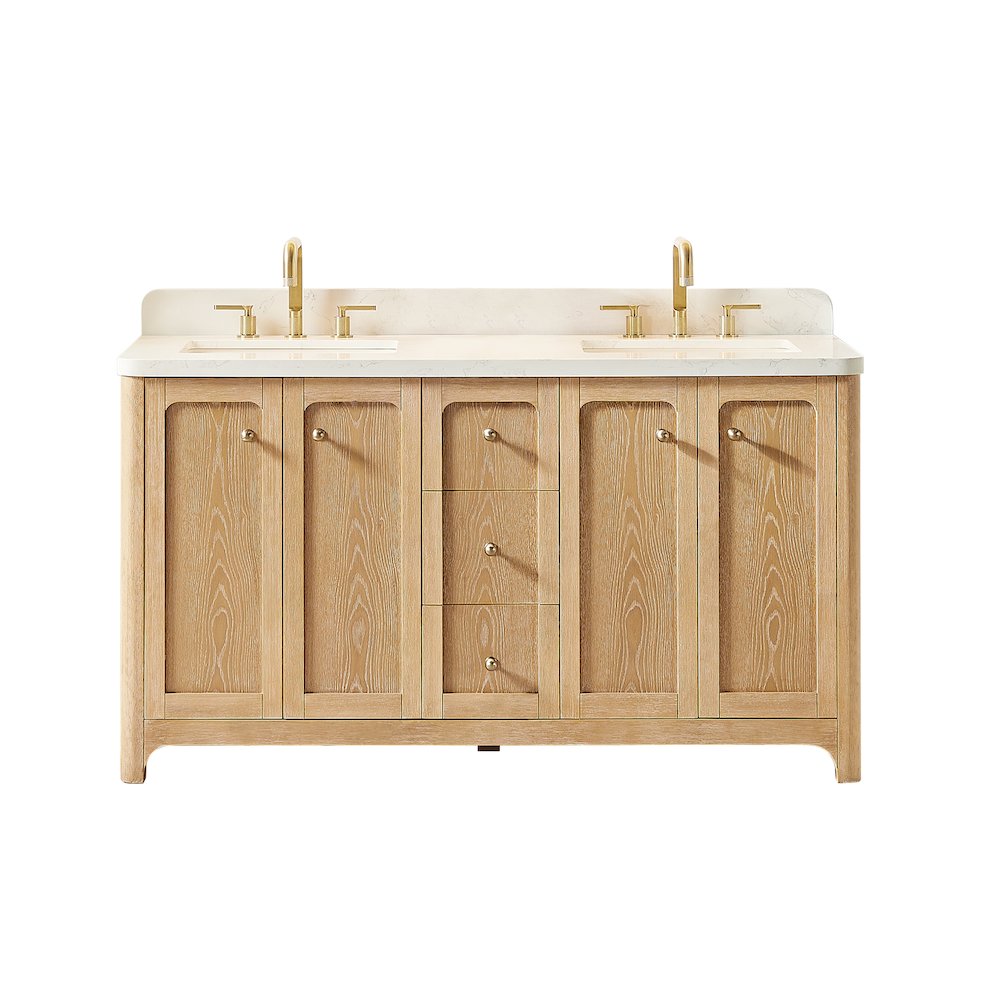 60"Double Bathroom Vanity in Brushed Oak,Grain White Engineered Stone Countertop. Picture 1