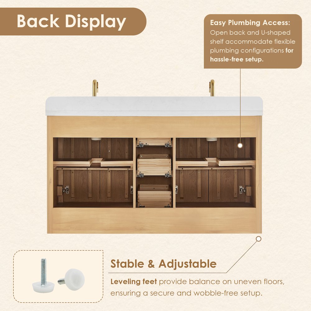 60"Double Bathroom Vanity in Brushed Oak,Grain White Engineered Stone Countertop. Picture 6