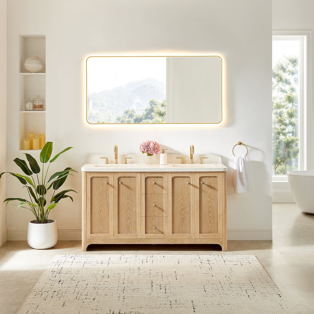 60"Double Bathroom Vanity in Brushed Oak,Grain White Engineered Stone Countertop. Picture 10