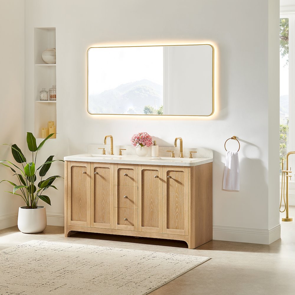 60"Double Bathroom Vanity in Brushed Oak,Grain White Engineered Stone Countertop. Picture 11