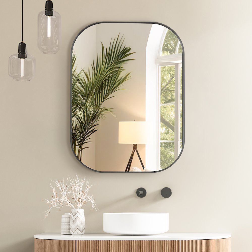 24x32" Rectangular Aluminum Framed in Gunmetal Modern Bathroom Wall Mirror. Picture 6