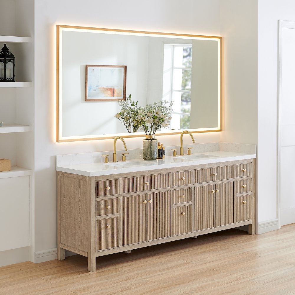Double Bathroom Vanity in Nature Oak Grain White Engineered Stone Countertop. Picture 3
