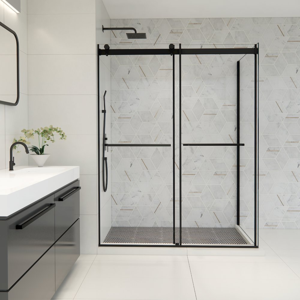 Frameless Exposed Roller Shower Enclosure in Matte Black with Clear Glass. Picture 3