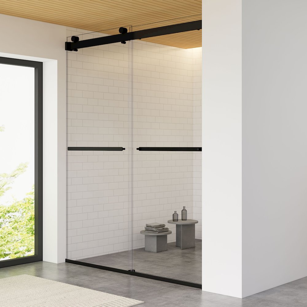 By Pass Frameless Shower Door in Matte Black with Clear Glass. Picture 5