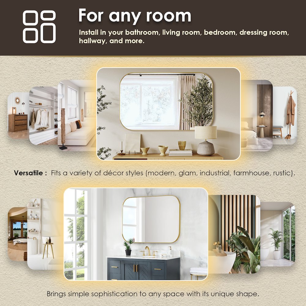 48x30" Rectangular Aluminum Framed in Brushed Gold Modern Bathroom Wall Mirror. Picture 14