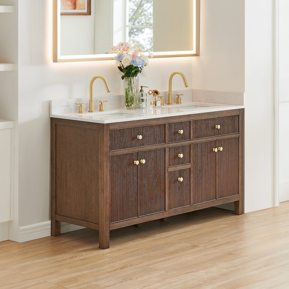 Double Bathroom Vanity in Brown Oak Grain White Engineered Stone Countertop. Picture 3