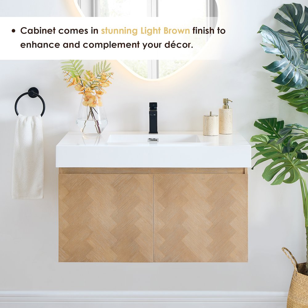 Single Bathroom Vanity in Light Brown White Artificial Drop-in Sink. Picture 5