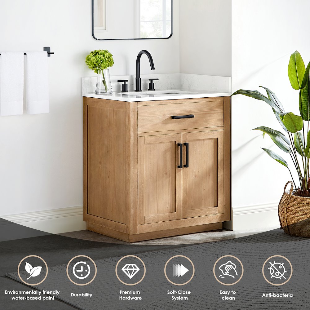 30" Single Bathroom Vanity in Light Brown with Grain White. Picture 7