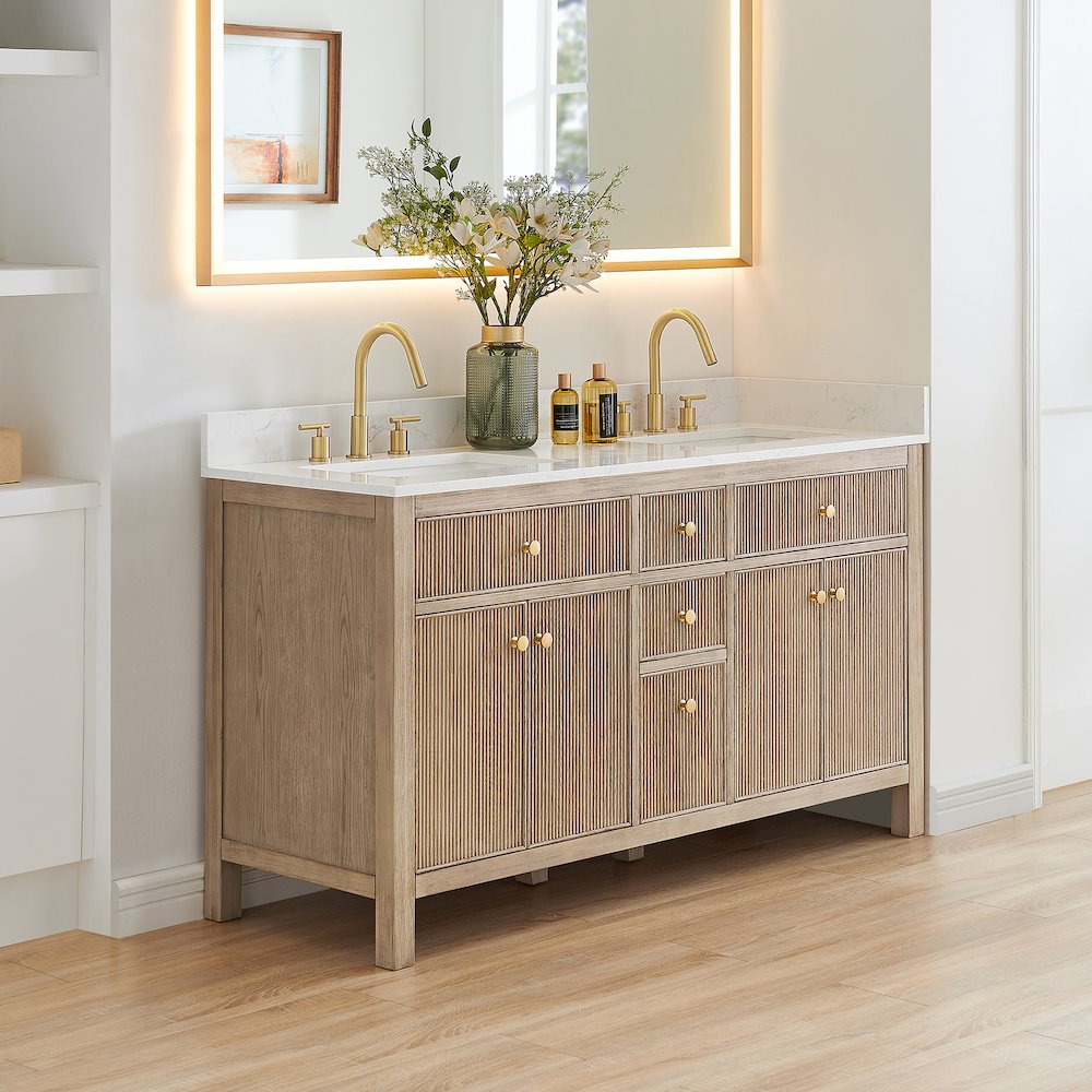 Double Bathroom Vanity in Nature Oak Grain White Engineered Stone Countertop. Picture 3