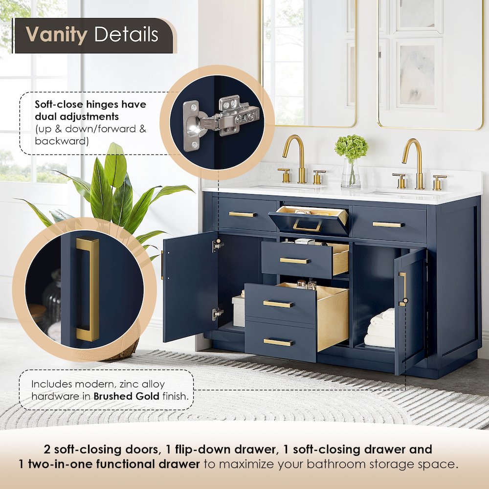 54" Double Bathroom Vanity in Royal Blue with Grain White. Picture 8
