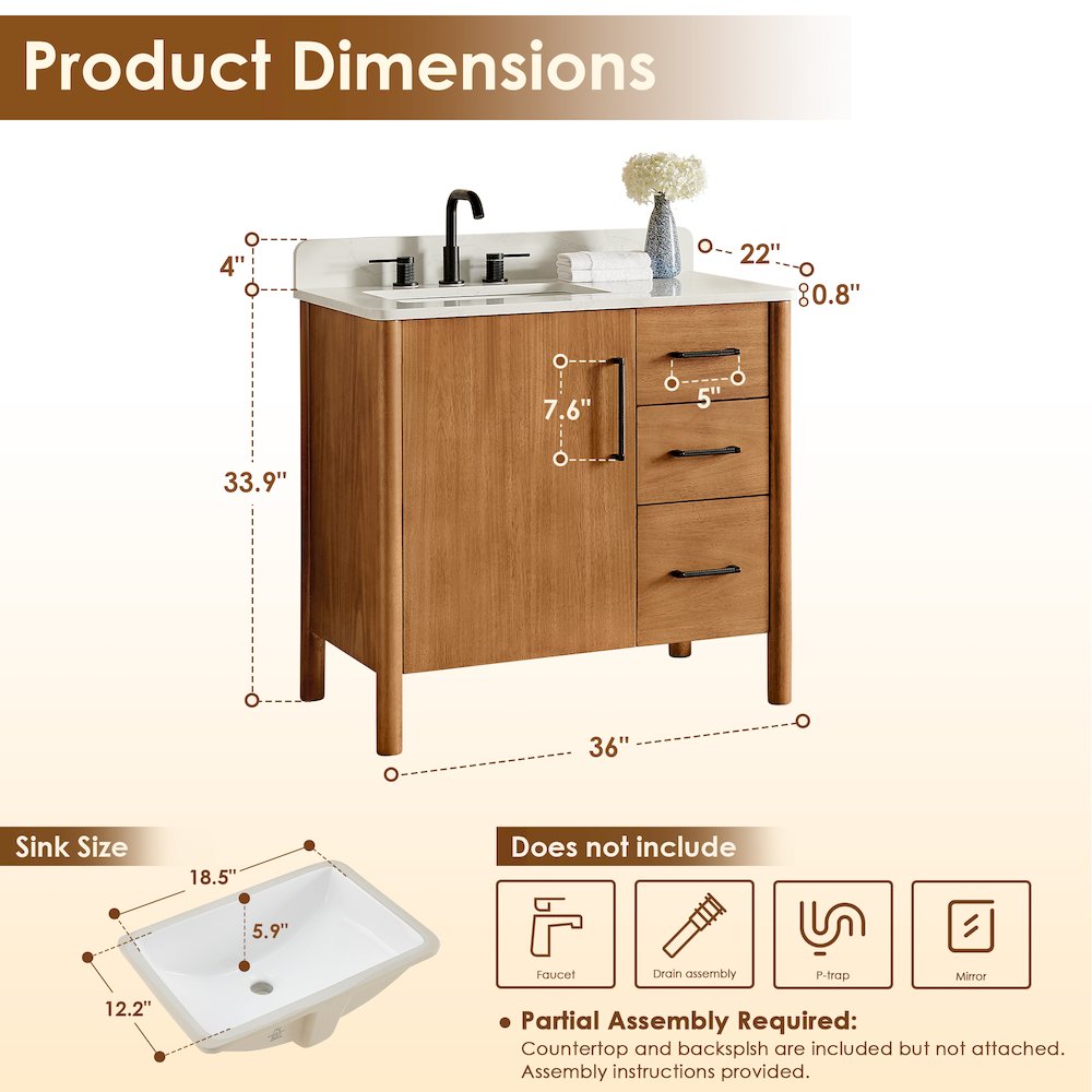 36" Single Bathroom Vanity in Mango Brown with Grain White. Picture 13