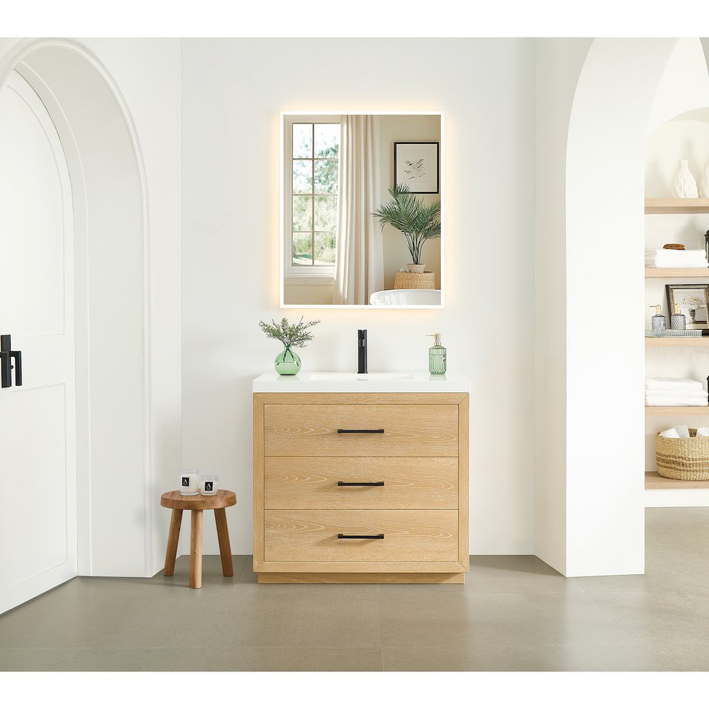 36" Single Bathroom Vanity in White Oak with White Artificial Drop-in Sink. Picture 13