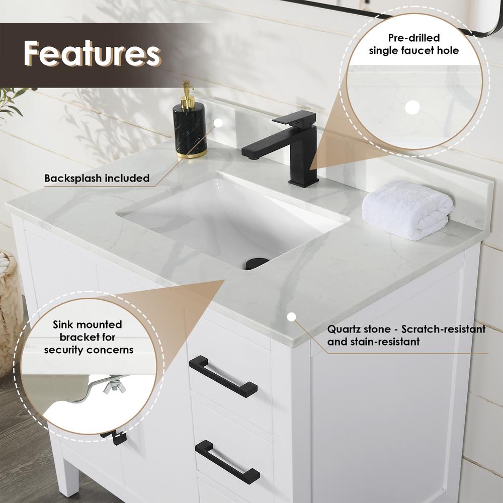 Single Bathroom Vanity in White with Stone Countertop without Mirror. Picture 5