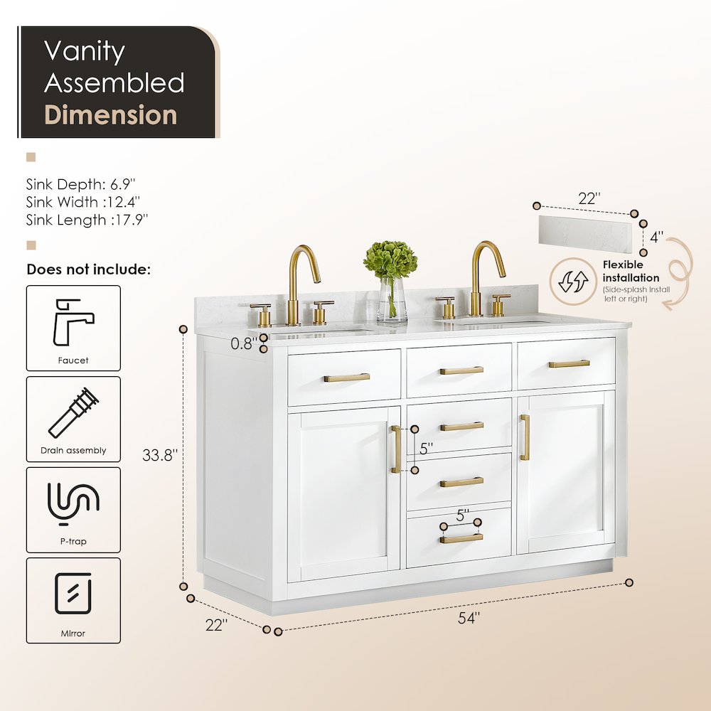54" Double Bathroom Vanity in White with Grain White. Picture 10