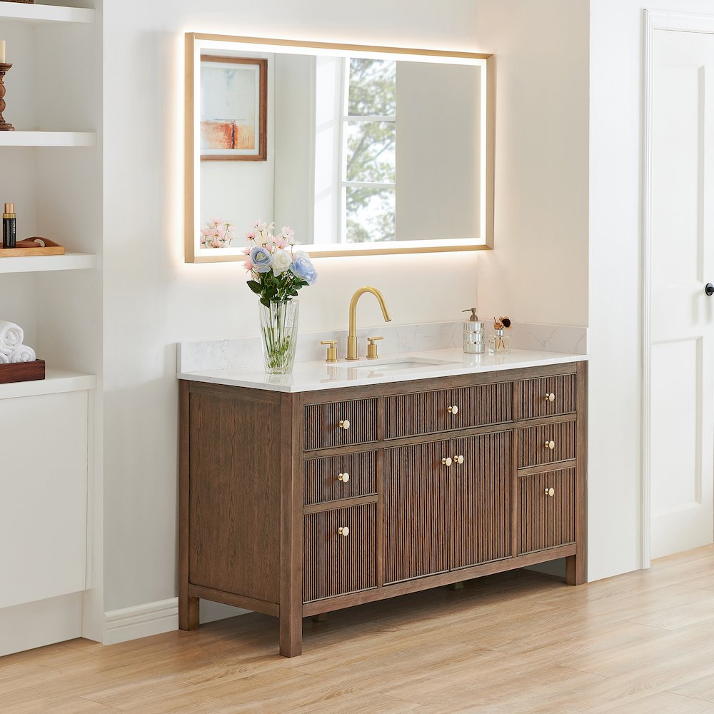 Single Bathroom Vanity in Brown Oak Grain White Engineered Stone Countertop. Picture 3